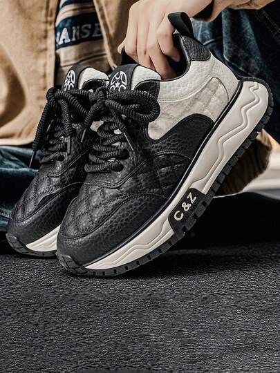 bingyuanjing Men's Fashion Lace-Up Thick Sole Sneakers, High Elasticity & Comfort, Non-Slip Casual Shoes Suitable For Daily And Outdoor Activities, Minimalist Style Versatile Men's Shoes