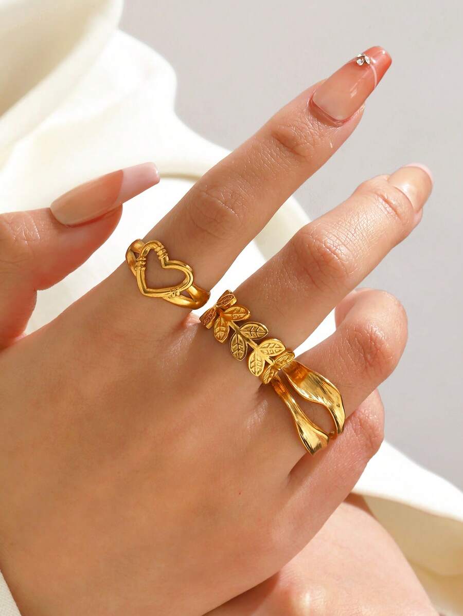 3 st/set rostfritt stål 18K guldpläterade asymmetriska hjärtformade ringar, lämpliga för kvinnor vardagsbruk