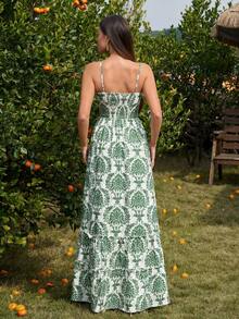 PARTHEA Women's Elegant Boho Cami Long Dress Sleeveless Spaghetti Strap Shirred Backless Smocking Flared Hem With Knot Detail Fabric Non-Stretch Casual Cute Patterned Maxi Dress - Green - View 2