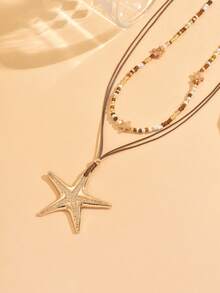 2 Pieces Set Handmade Beaded Bohemian Style Necklace With Large Starfish Pendant, Fashion All-Match Choker Suitable For Daily Wear, Travel, And Party - Gold - View 3