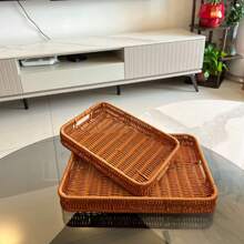 日式茶盘碟套装，两件套，仿藤编织方形茶盘，餐厅面包糕点盘，客厅咖啡桌茶盘。 - 黃色 - 查看 1