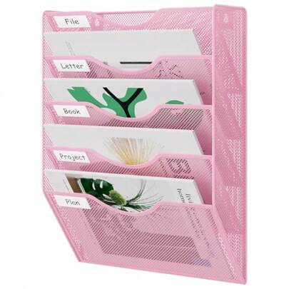 EasyPAG 5 Pocket Mesh Wall File Organizer Hanging Paper Folder Holder With Classify Label Vertical Wall Mount Mail Organizer For Office Home Classroom Black
