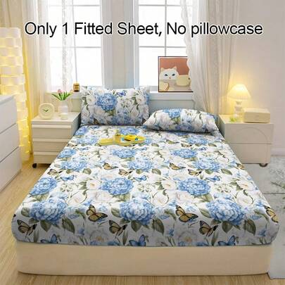 1pc Butterfly & Floral Pattern Breathable Fitted Fitted Sheet, Soft & Comfortable Mattress Cover For Bedroom, Guest Room And Dorm, Mattress Protector, Bedding Set (Pillow Case Not Included)