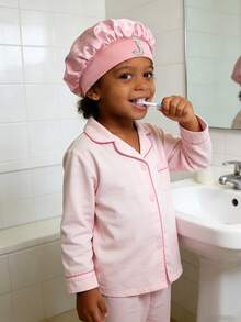 A-Z Letter Print Pink Elastic Wide Brim Satin Sleeping Cap For Kids - Fit, Hair Protection, Ultra Soft & Breathable Design With Non-Slip Lining - Pink - View 3