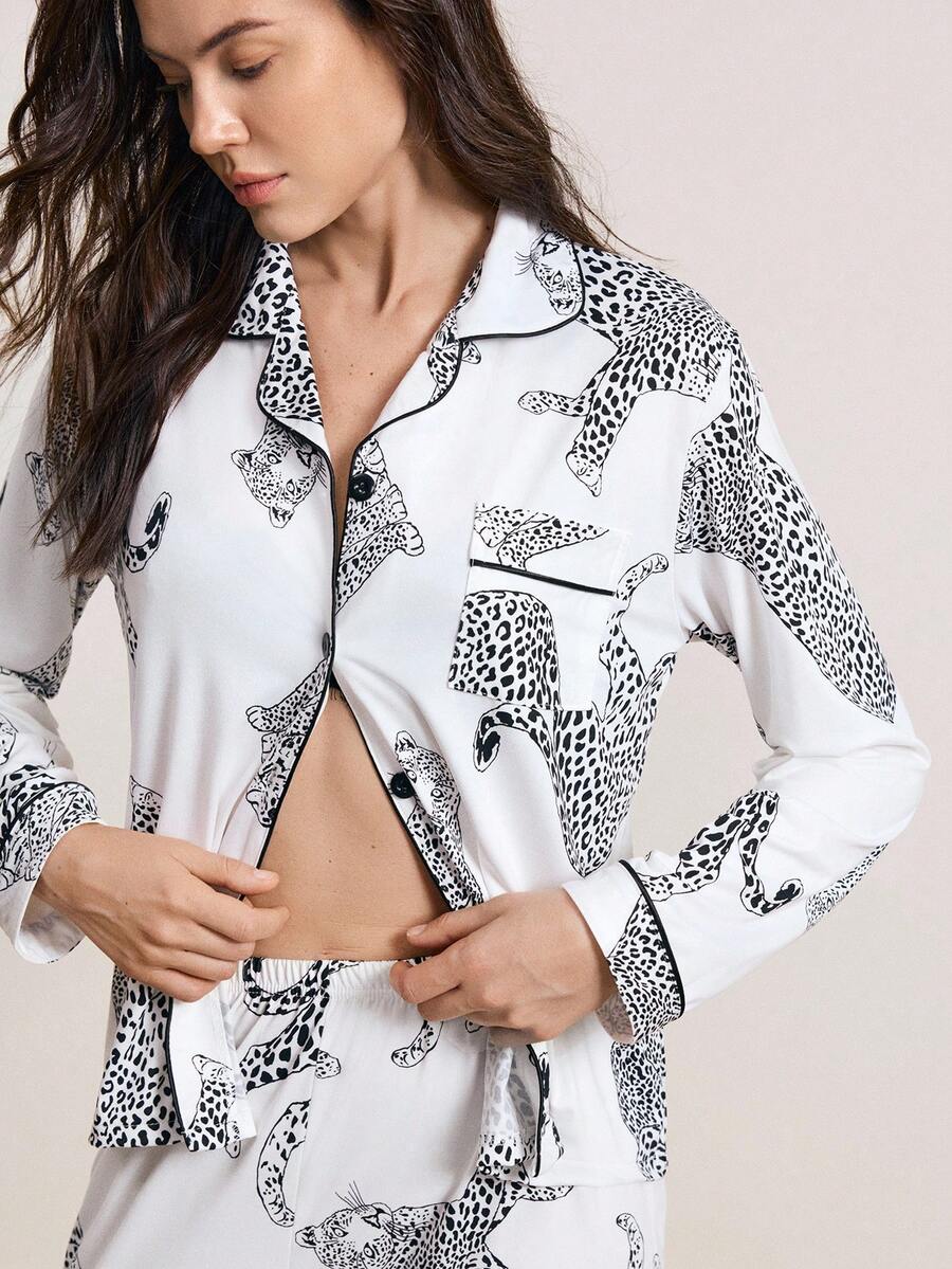 Hourtrue Casual Animal Leopard Print Collared Long Sleeve Top And Loose Pants Comfortable Women's Pajamas Set, Fall Winter Clothes, Lounge Wear, Old Money Vibe, Elegant Outfitfor Summer - Black and White - View 1