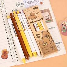 水豚主题可擦塑料笔 | 0.5mm 细笔尖，速干墨水，轻巧可伸缩走珠笔，内置橡皮擦，黄棕色设计，大容量多层铅笔盒，返校必备办公用品，情人节礼物 - 彩色 - 查看 12