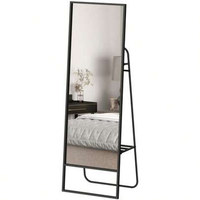 Full-Length Mirror, Industrial Design, Back Shelf, 2 Hooks, Metal Frame, For Bedroom, 157 X 50 Cm, Black