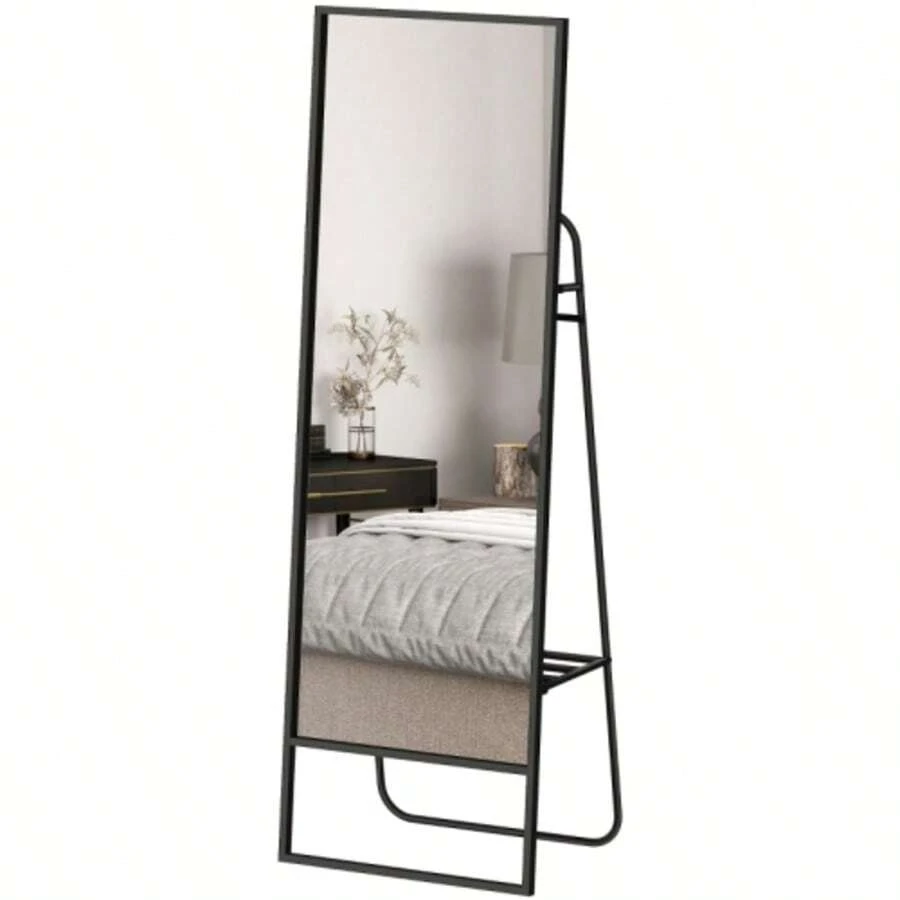 Specchio a figura intera, design industriale, ripiano posteriore, 2 ganci, struttura in metallo, per camera da letto, 157 x 50 cm, nero - nero - Visualizzare 1