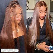 32 Inch Brown Kinky Straight Lace Front Human Blended Hair Wig Skinlike Kinky Straight 13x4 HD Lace Front Wigs Human Blended Hair 180% Density KinkyStraight Lace Frontal Wigs For Women 10-36 Inch - Brown - View 2