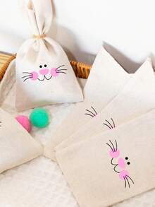 1/2/4pcs Easter Candy Bags With Drawstring, Rabbit Pattern Gift Bags, Rabbit Theme Party Favor Bags, Linen Small Pouches, Party Supplies, Suitable For Cookies, Candies, Chocolates, And Treasure Hunt Items - Beige - View 5