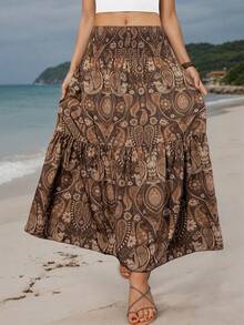 女士棕色波西米亚佩斯利印花高腰褶皱层叠A字型无弹力涤纶飘逸优雅长款连衣裙，适合度假、海滩、休闲日常穿着 - 棕色 - 查看 6