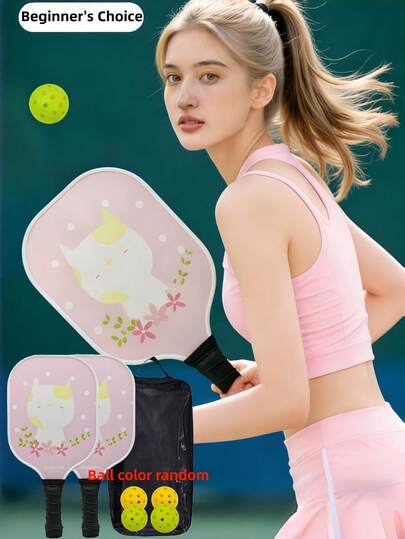 Cartoon Series Pickleball Racket Set, High-Quality Fiberglass Material (Includes 4 Random Color Pickleball Balls + Transparent Storage Bag) - Suitable For Students, Parent-Child Sports, Best Gift For Kids, Essential For Beginners