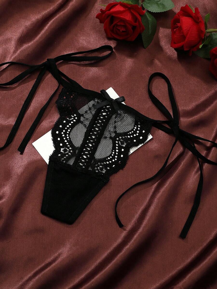 1条花卉蕾丝提花蝴蝶结性感丁字裤，舒适亲肤，可调节肩带，女士内衣 - 黑色 - 查看 1