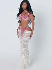 Provocative Cropped Velvet Bustier With Sheer Mesh Flare Pants - Edgy Monochrome Set Featuring Hip Cutouts And A Deep V-Neck, Statement Two-Piece For Night Out - Pink - View 1
