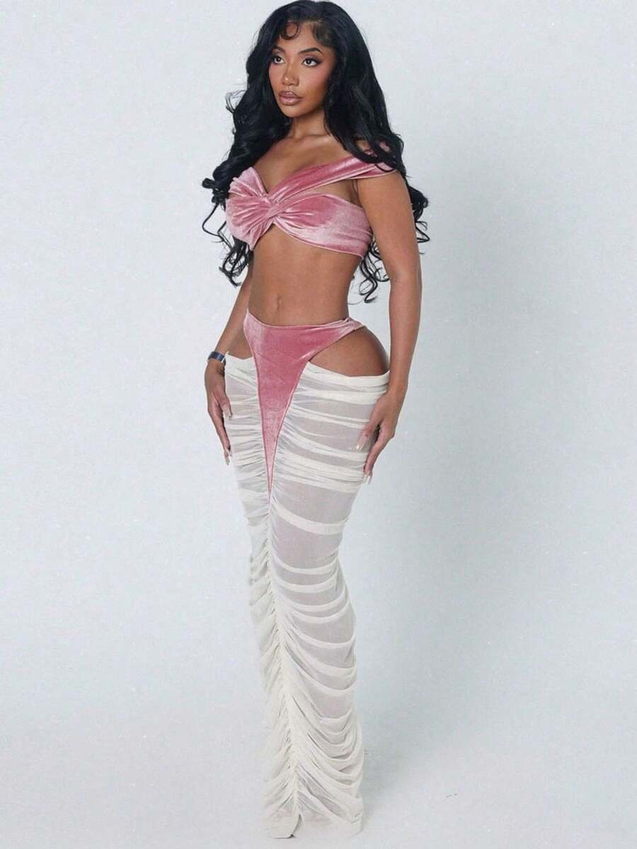 Provocative Cropped Velvet Bustier With Sheer Mesh Flare Pants - Edgy Monochrome Set Featuring Hip Cutouts And A Deep V-Neck, Statement Two-Piece For Night Out - Pink - View 1
