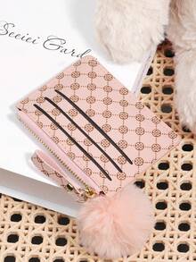 Adorned With A Delicate Pom-Pom,Pink Women's Short High-Quality Credit Card Storage Bag,Simple Casual Card Holder,High Quality Credit Card Storage Bag, Perfect For Outdoor Activities, Travel, And Returning To School - Pink - View 4