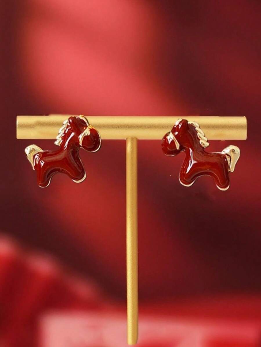 Andkiss 1对18K镀金创意节日马形吊坠耳钉 - 紅色 - 查看 1