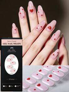20pcs Romantic Pink Ombre Heart Glitter Gel Nail Stickers, Soft Pink Gradient Sparkle With Heart Design, Long-Lasting, Requires UV Light, Easy To Apply And Remove, Suitable For Women And Girls For Commute, Valentine's Date, And DIY Nail Art - Baby Pink - View 2