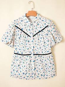 Acelitt 夏季白色撞色滚边花卉泡泡袖休闲宽松衬衫 - 彩色 - 查看 5