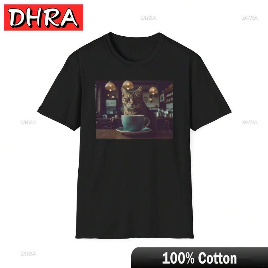 Cute Cat in Coffee Shop T-Shirt Cat Lover Gift Funny Pet Tee Animal Humor Classic Cool Comfy Tee Graphic Vintage Tees for Girls - Negro - Ver 1