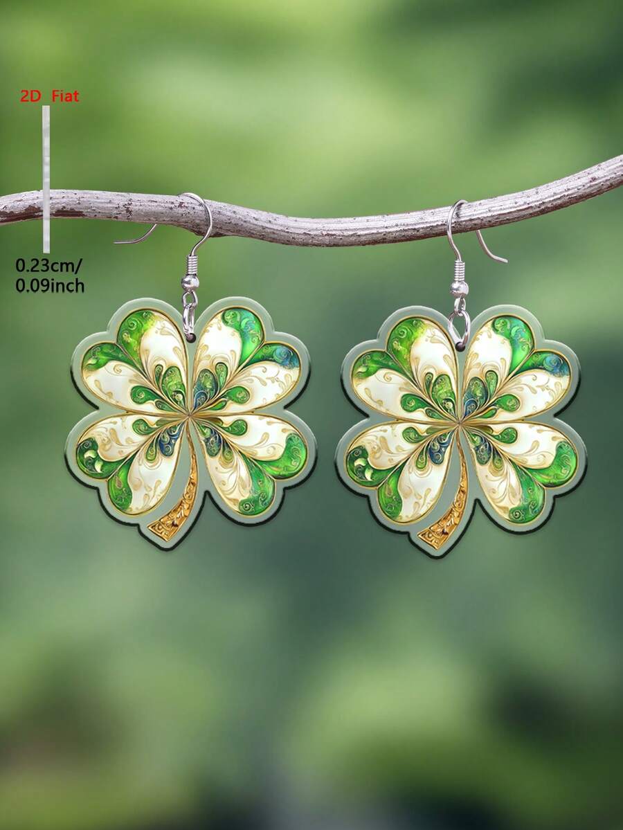 1 par de pendientes de acrílico con colgante plano en forma de trébol de cuatro hojas, joyería de estilo minimalista elegante para mujeres, adecuado para uso diario y festivo - Verde - Ver 1