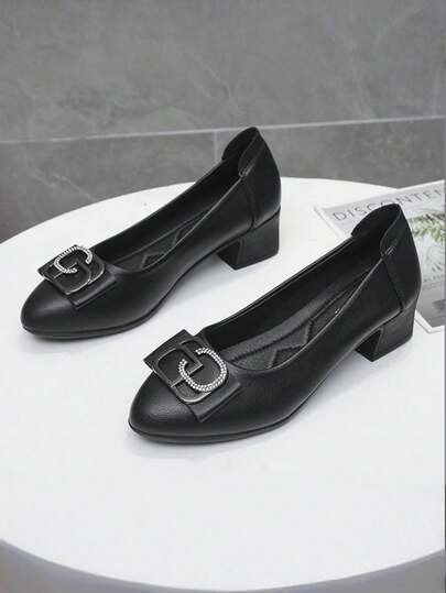 2026 Spring/Autumn Women's High Heel Loafers, Soft Bottom Chunky Heel/Slip-On Low Vamp Leather Shoes, Black Mid-Heel Commuting Formal Work Shoes, Non-Slip Thick Sole Comfortable Mom Shoes, Fashionable Versatile Travel Shoes Easy To Put On And Take Off