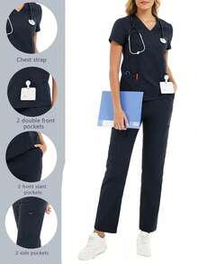 cimmuovere Uniform Set: V-Neck Short Sleeve Fitted Shirt And Drawstring Straight Leg Casual Pants, Workwear Set - Navy Blue - View 3