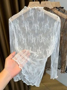 2025 New Arrival Women's Lace Mock Neck Layering Mesh Sheer Long Sleeve Slim Fit Undershirt, Spring/Summer/Autumn - White - View 2