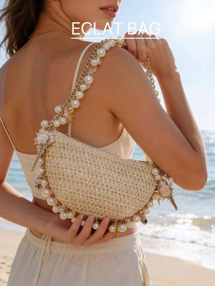 1pc Niche Vintage Straw Woven Seashell Pearl Handbag With Chain Strap, Casual Vacation, Wedding Party, Gift Shoulder Bag For Women - 米色 - 查看 1