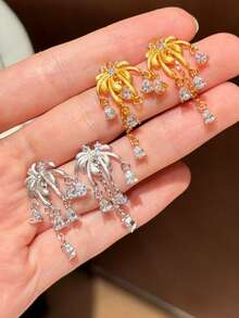 1件时尚奢华立方氧化锆闪亮流苏耳环，独特创意优雅复古魅力耳环，适合女性日常佩戴 - 金色 - 查看 5