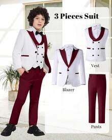 Boys Floral Jacquard 3 Piece Peak Lapel Tuxedo Suit Set Formal Kids Outfit For Wedding Party - Đỏ tía - Xem 5