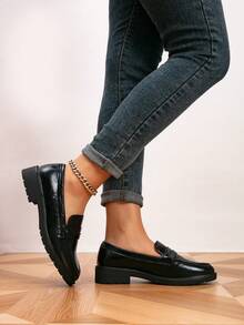 女士乐福鞋，圆头复古平底乐福鞋，户外复古女鞋，女鞋，休闲鞋，黑色鞋 - 黑色 - 查看 4