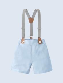 2 件套男婴绅士服装套装：短袖衬衫配领结和工装短裤，时尚别致，适合生日派对、婚礼、满月/周岁庆祝 - 藍白色 - 查看 4