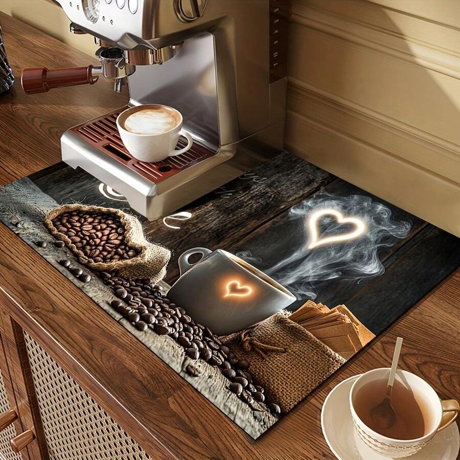 1pc Coffee Stain Hiding Mat - Suitable For Kitchen Countertops, Coffee Bars, Coffee Makers, Coffee Pots, Espresso Machines, Also Can Be Used As Dish Drying Mat. Coffee Pattern Dish Drying Mat, Super Absorbent Draining Mat. Placemat, Kitchen Accessory.