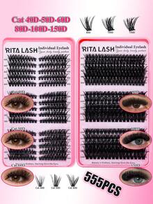 Caja de regalo RITALASH con 1185 piezas de pestañas postizas, 3 estilos, incluye adhesivo, pestañas suaves, rizado D, natural DIY, pestañas individuales, adecuado para principiantes, empaque a granel - Negro - Ver 3