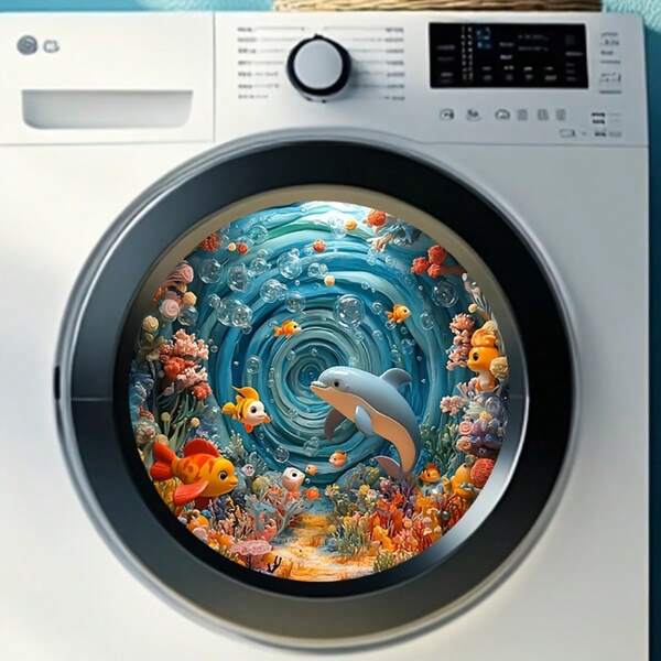 1pc Underwater World Dolphin And Coral Reef Fish Washing Machine Sticker, Removable Self-Adhesive Waterproof PVC Marine Life Wall Decal, Suitable For Bathrooms, Balconies, And Washing Machine Background Walls, 2D Flat Design.