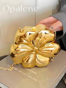 1 Stylish Solid Color Messenger Bag Metallic Flower Shape Evening Clutch Bag, For Wedding Party Formal Dress Accessory, Lipstick, Coin Purse, Jewelry Pouch, With Detachable Chain Strap, Chic Gift For Her - 金色 - 查看 8