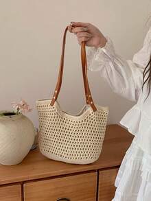 Túi tote đan rơm mùa hè mới 2025, túi đeo vai đa năng đi biển, túi xách đi làm. - Màu be - Xem 7