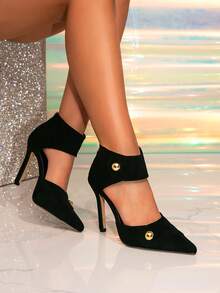 Fuchsia High Heel Pumps With Rivet Decor, Pointed Toe Sexy Fashion, Back Zipper Cute Pink High Heel Pumps - Black - View 6