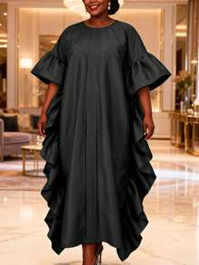 非洲风情长裙，荷叶边喇叭袖，圆领，梭织面料，适合特殊场合 - 黑色 - 查看 3