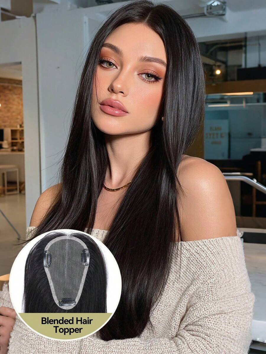 12英寸自然黑色手工编织区域3.25*5英寸混合式假发片，适合头发稀疏的女性，夹式假发片接发 - SNatural - 查看 1