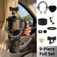 9件套粉色蝴蝶结水杯配件套装，适用于40盎司/30盎司保温杯 - 包括仿珍珠手柄链、硅胶套、吸管套、心形吊坠和防漏塞，水瓶装饰饰品，可爱学院风，送给女性和女孩的礼物 - 彩色 - 查看 13