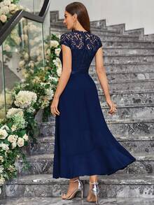 MIUSOL Colorblock Floral Lace Chiffon Ruffle Hem Formal Party Dress, Elegant Bridesmaid Dress, Semi-Formal Ladies Dress, Suitable For Vacation, Graduation Ceremony, Gala And Other Occasions - Navy Blue - View 2