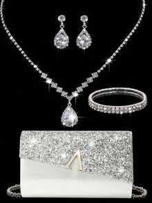 女士钻石珠宝闪耀奢华水钻珠宝套装闪亮项链耳环手链套装亮片皱纹手提宴会包V形翻盖信封包手提包宴会包钱包手提包优雅手提宴会包女士舞会手提包女士新娘宴会包舞会手提包金属链手提包婚礼派对手提包鸡尾酒会婚礼新款钱包宴会包