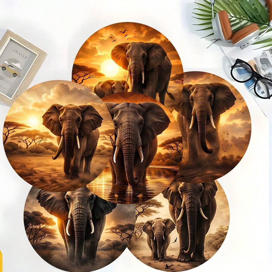 Bộ 6 đế lót ly hình voi châu Phi, lót tách trà, lót cốc nước, lót ly rượu vang, lót cốc cà phê, đế lót ly tròn thấm hút bằng silicon, trang trí nhà cửa, quà tặng cho tiệc tùng và bàn ăn, phù hợp cho mọi mùa. - Nhiều màu - Xem 1