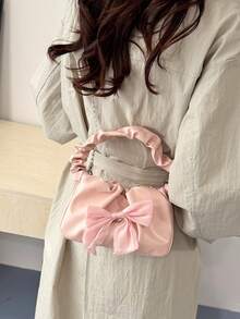 Bow Decor Pleated Chain Shoulder Bag - Pink - View 4