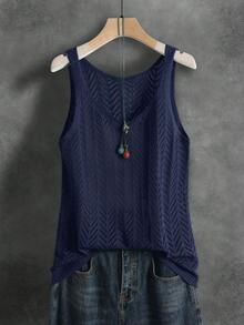 Women's Summer Hollow Breathable Versatile Solid Color Knitted Openwork Ribbed Sleeveless Vest, Suitable For Sports, Fitness, Daily Wear, Summer Vacation, Casual, Unisex, Soft And Comfortable, Spring/Summer - Navy Blue - View 4