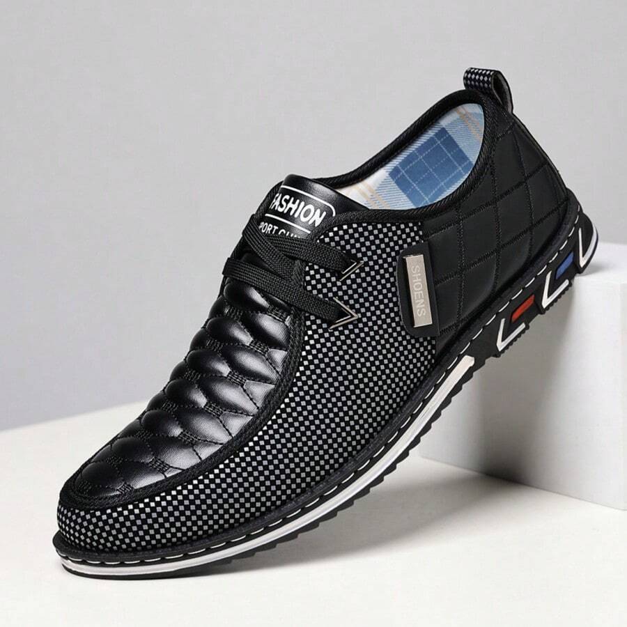 Men's Sports And Leisure Style Color Blocked Loafers, New Non Slip Lace Up Easy To Wear And Take Off Essential Men's Shoes For Outdoor Activities - 黑色 - 查看 1
