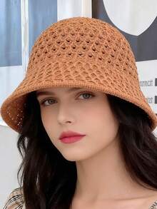 Sombrero de sol calado de primavera y verano, sombrero de cubo estilo bohemio y gorra de punto de ala ancha transpirable. Protección UV, moda multifuncional, puede hacer que tu rostro se vea talla grande pequeño. - Multicolor - Ver 3