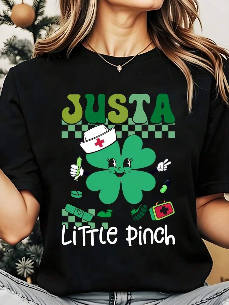 Just A Little Pinch Nurse Clover St Patrick's Day Women's T-Shirt Funny Medical Theme Graphic Tee For Nurses And Caregivers Celebrate With Irish Charm And Humor - màu đen - Xem 1
